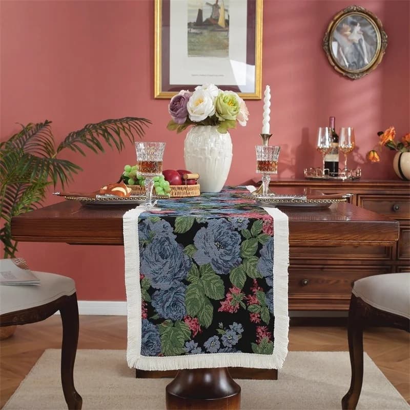 Chemin de table style peinture à l'huile en mélange coton-lin pour la décoration de salle à manger