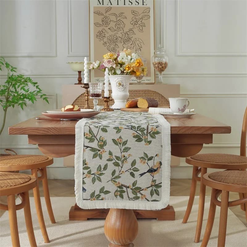 Chemin de table en coton et lin floral pour décoration de salle à manger