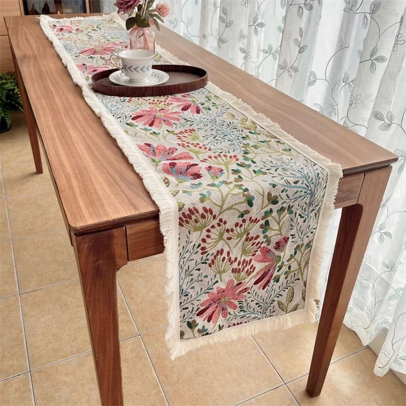 Chemin de table style nordique en coton mélangé à motif floral