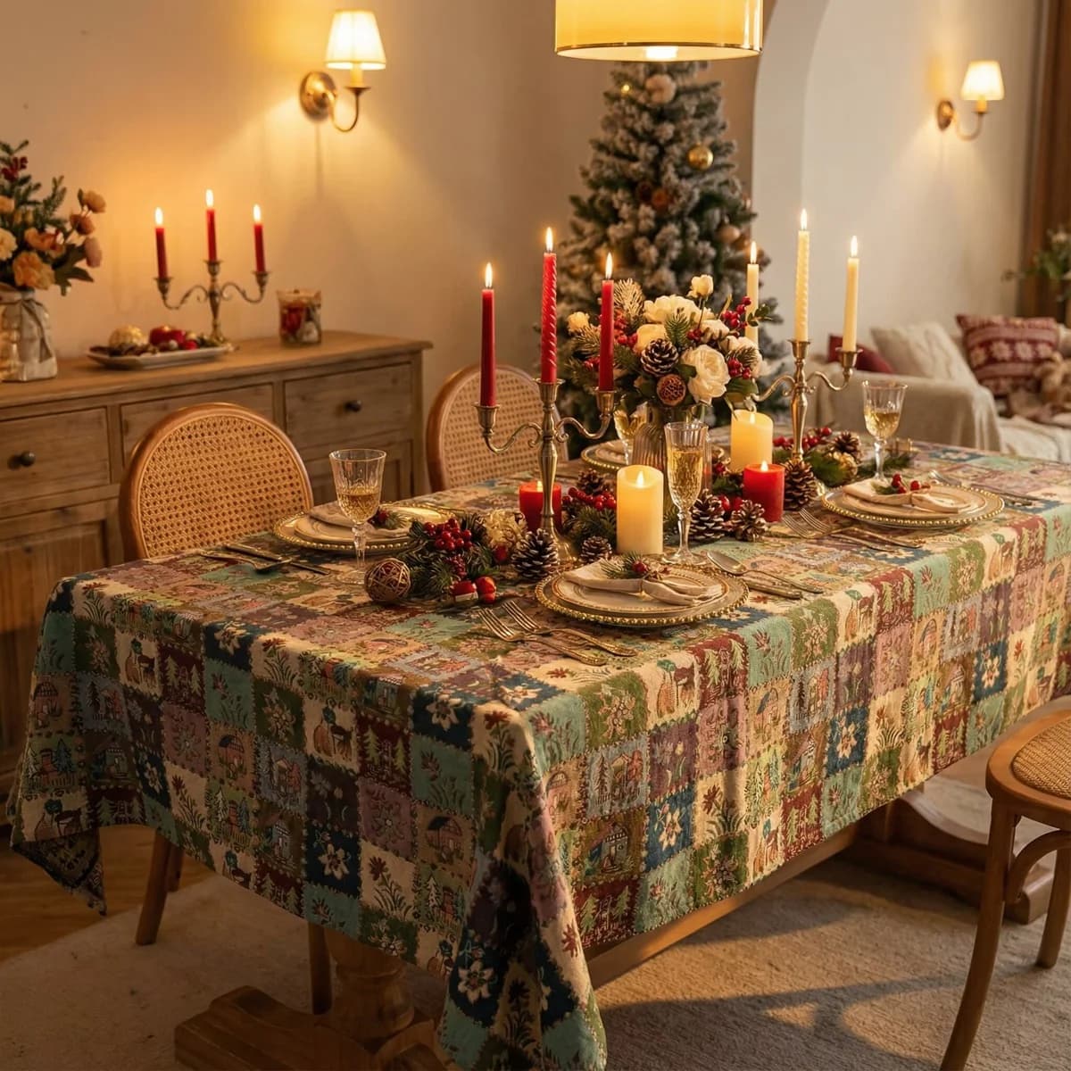 Chemin de table et nappe en mélange de coton avec motif jacquard floral