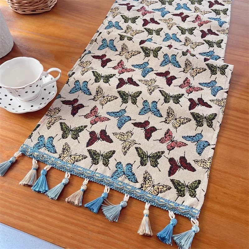 Chemin de table en coton imprimé papillons et fleurs