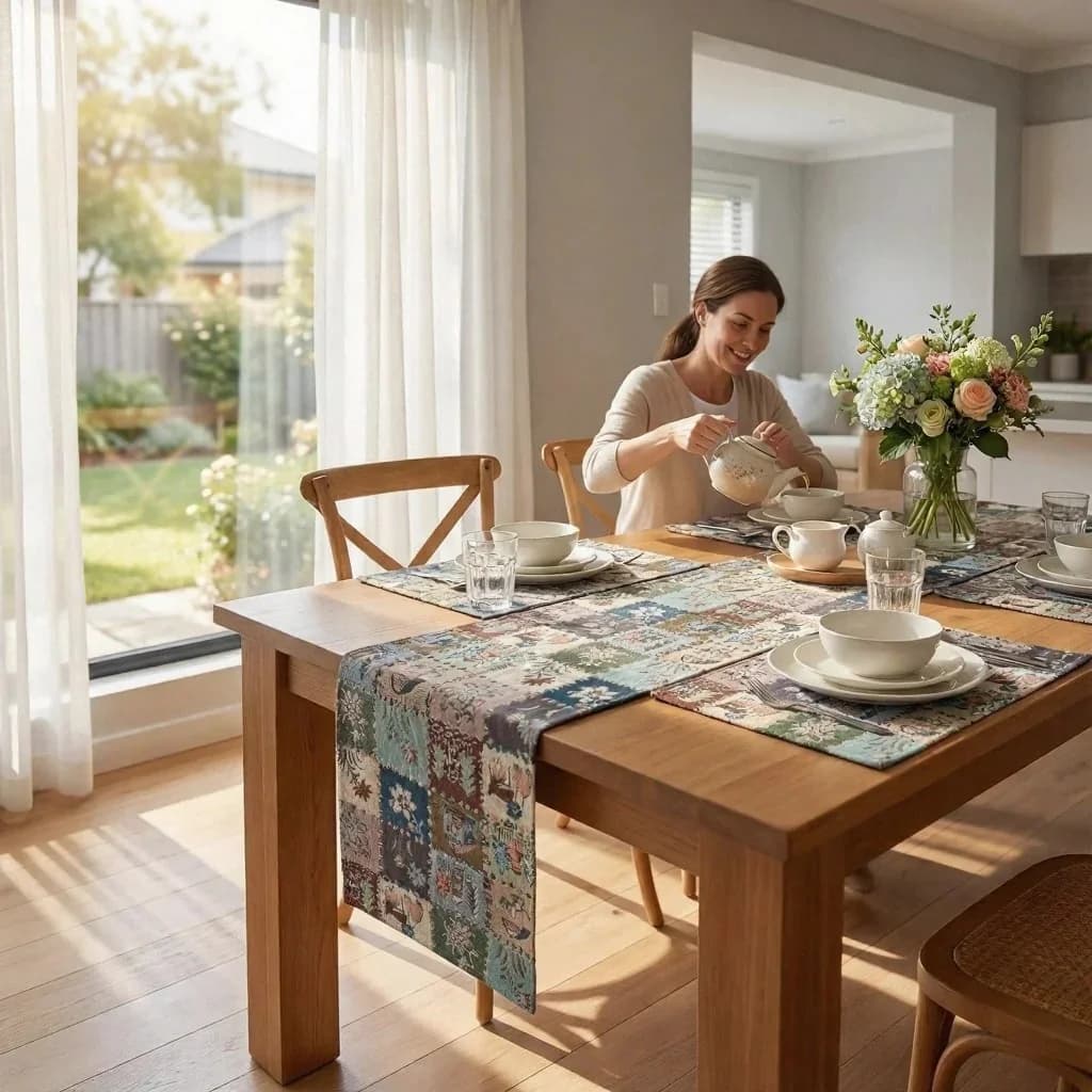 Chemin de table jacquard style campagne américaine avec motif peinture à l'huile florale
