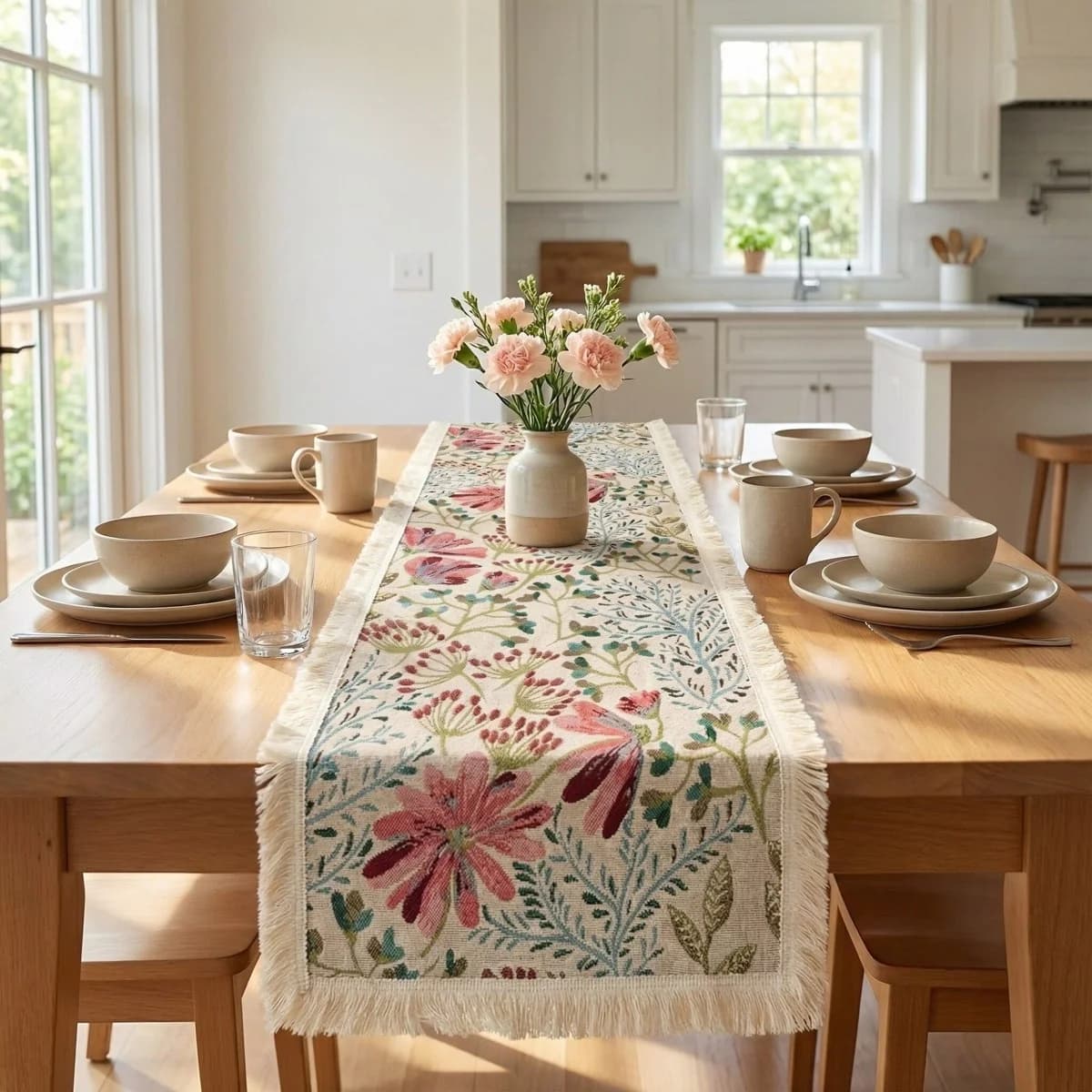Chemin de table jacquard en mélange coton motif floral pour décoration de salle à manger