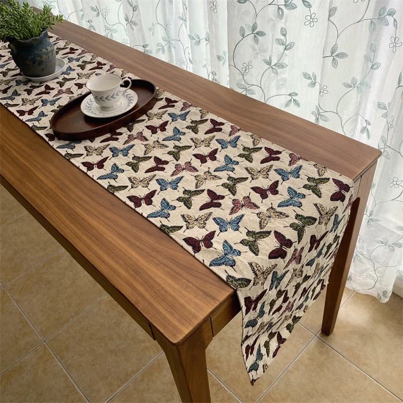 Chemin de table jacquard style rustique floral papillon