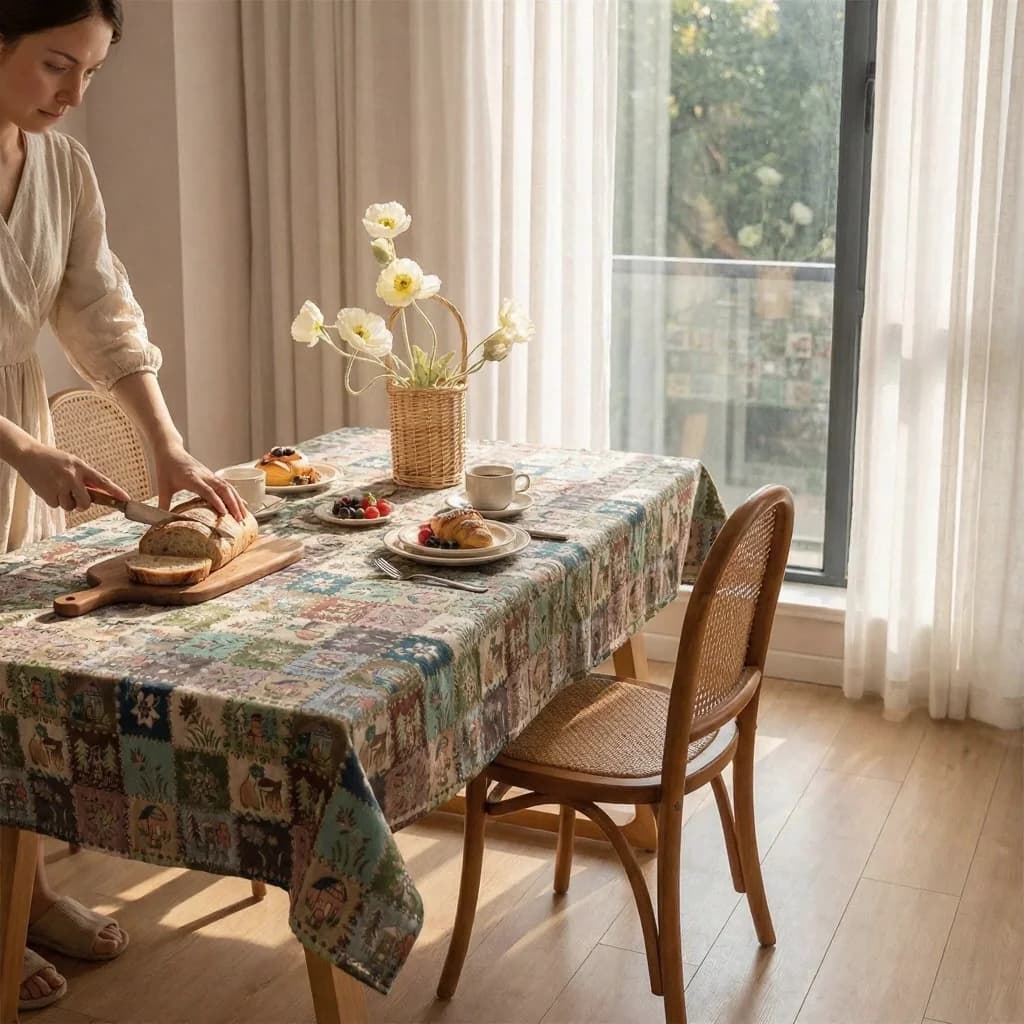 Chemin de table et nappe en mélange de coton avec motif jacquard floral