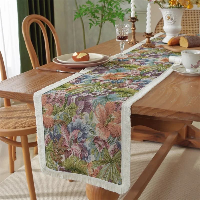 Chemin de table style américain en coton et lin avec franges
