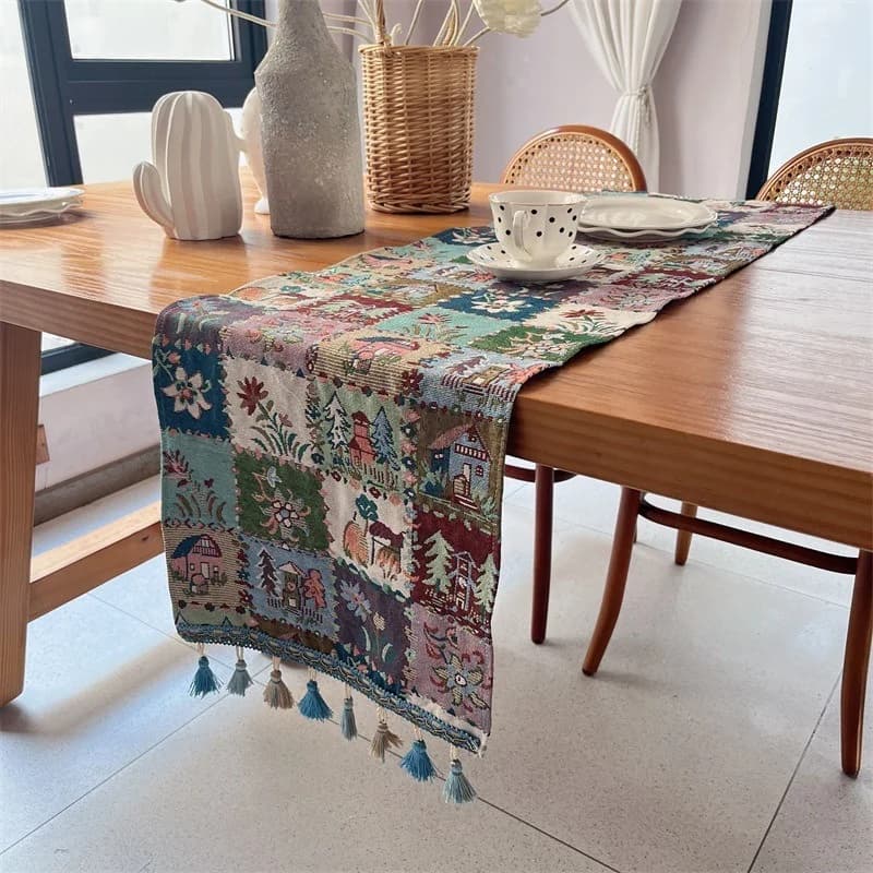 Chemin de table style américain en coton avec franges