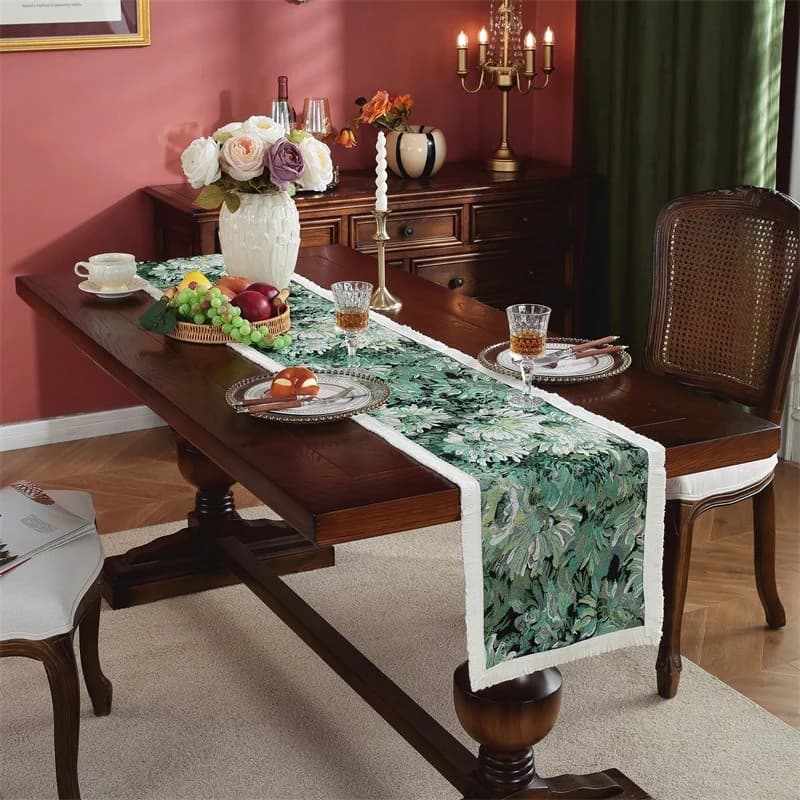 Chemin de table vintage style peinture à l'huile française avec franges