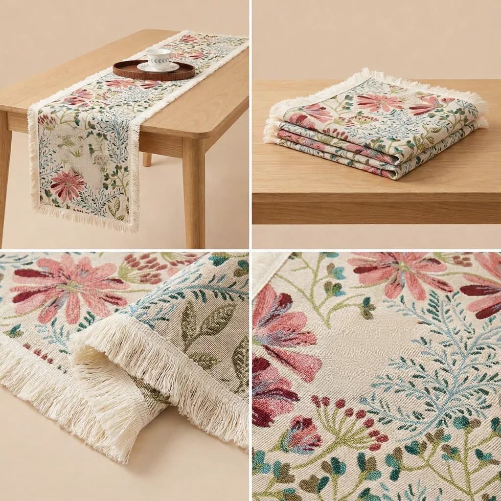 Chemin de table jacquard en mélange coton motif floral pour décoration de salle à manger