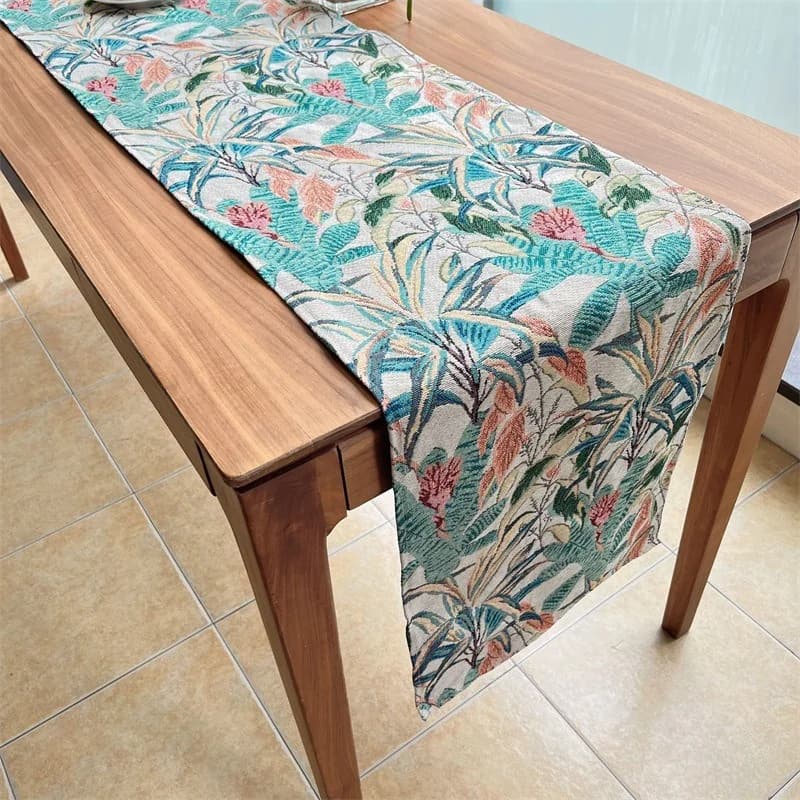 Chemin de table motif feuilles style américain, déco mélange coton