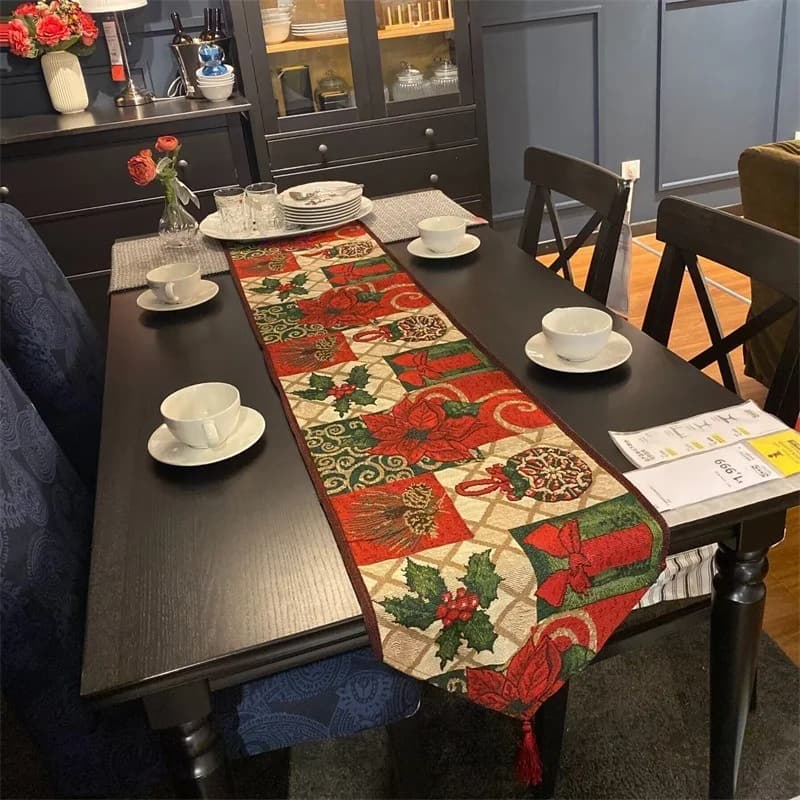 Chemin de table Noël mélange coton floral rouge