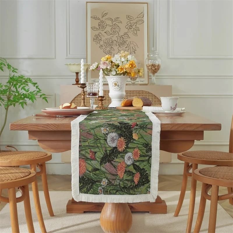 Chemin de table en jacquard, mélange coton, motif floral