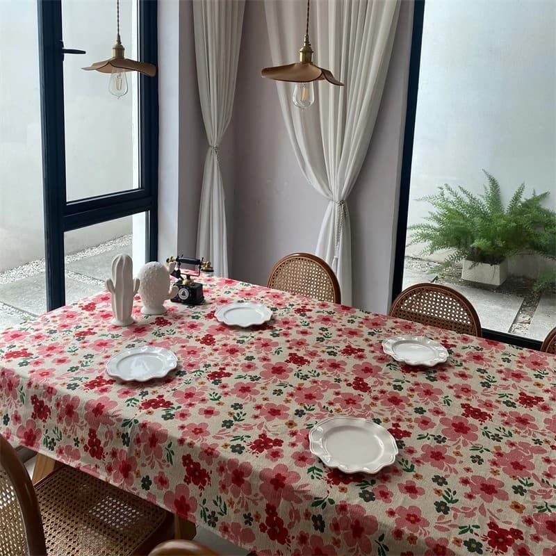 Nappe rectangulaire jacquard fleurie rose en coton