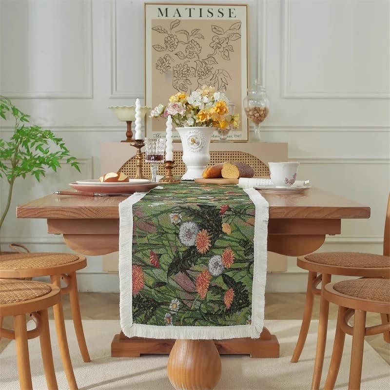 Chemin de table en jacquard, mélange coton, motif floral