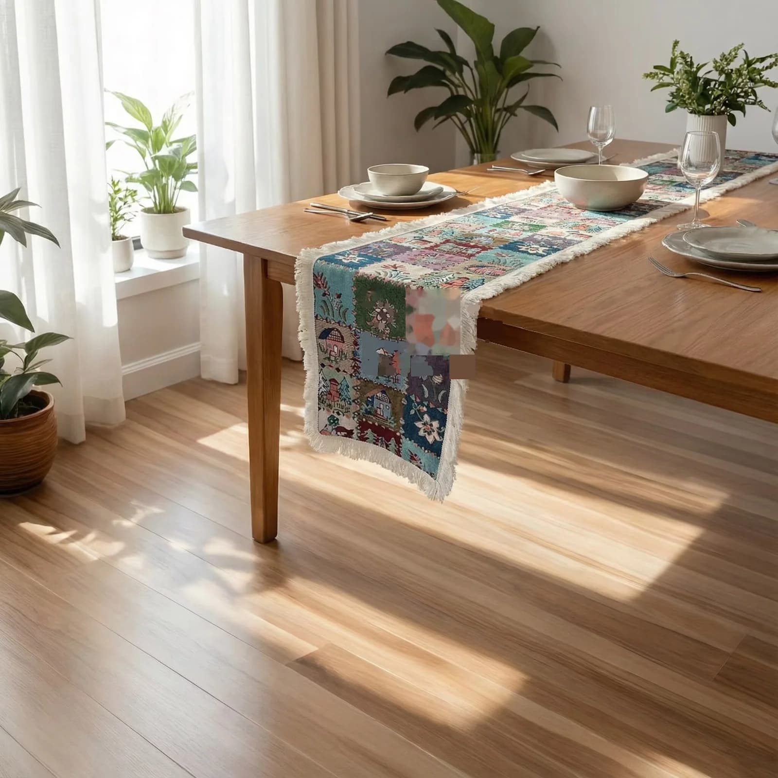 Chemin de table style campagnard américain, imprimé floral et végétal, mélange coton