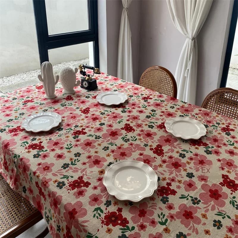 Nappe rectangulaire jacquard fleurie rose en coton