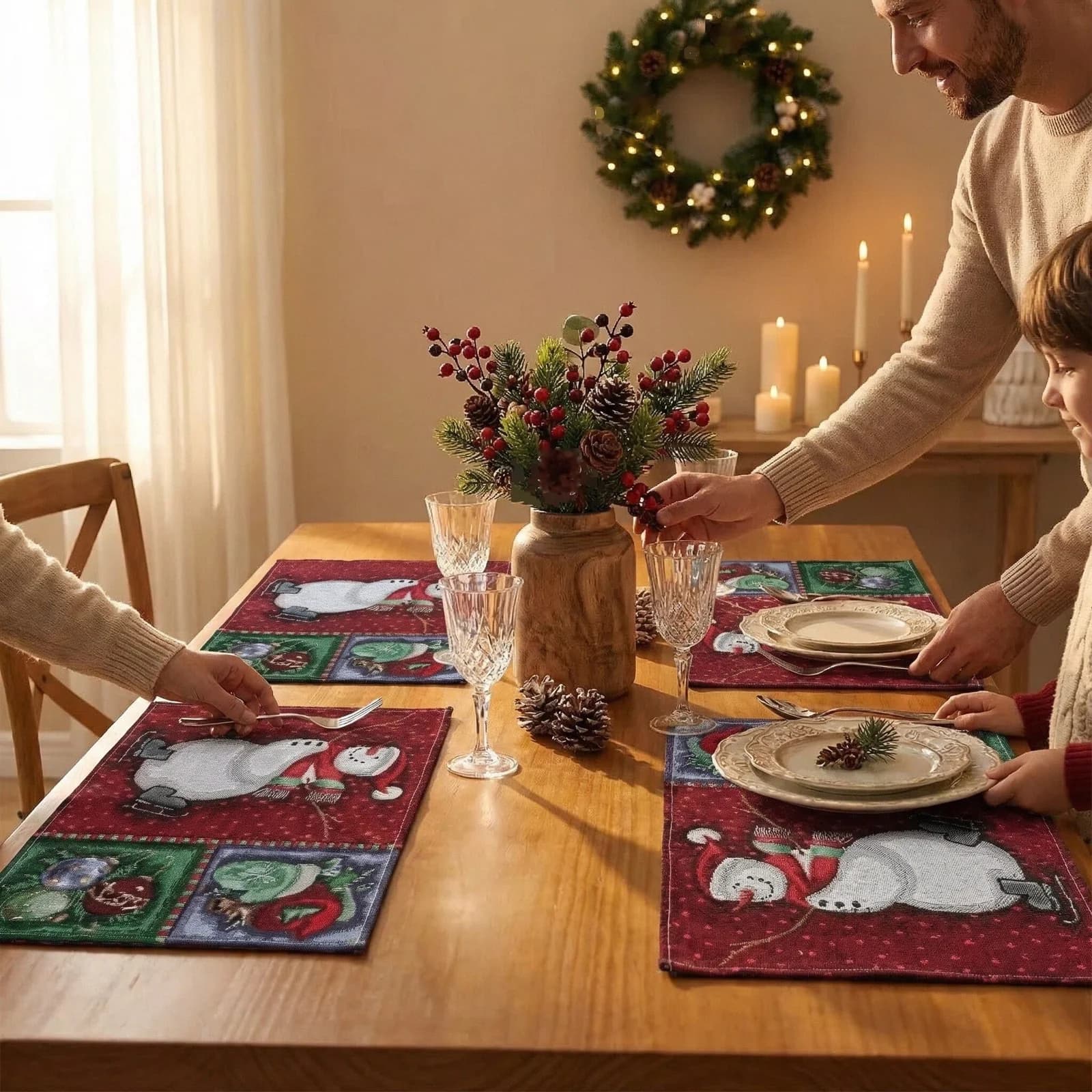 Chemin de table de Noël en mélange coton-lin pour fêtes