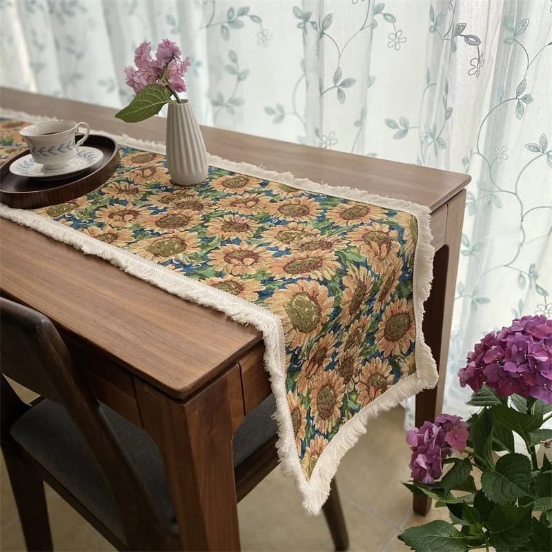 Chemin de table style campagnard américain, imprimé floral et végétal, mélange coton