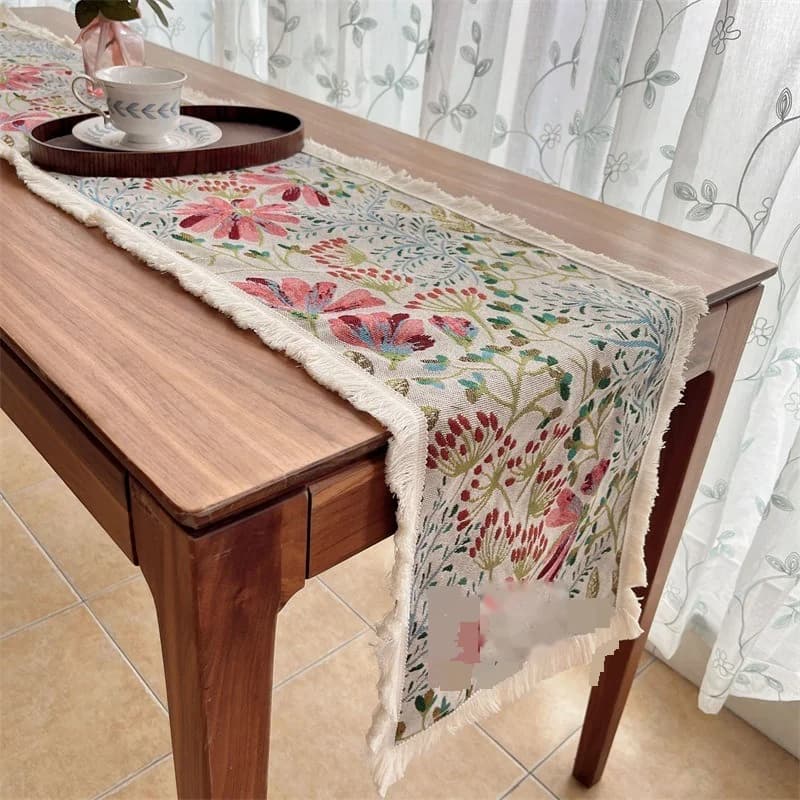 Chemin de table style nordique en coton mélangé à motif floral