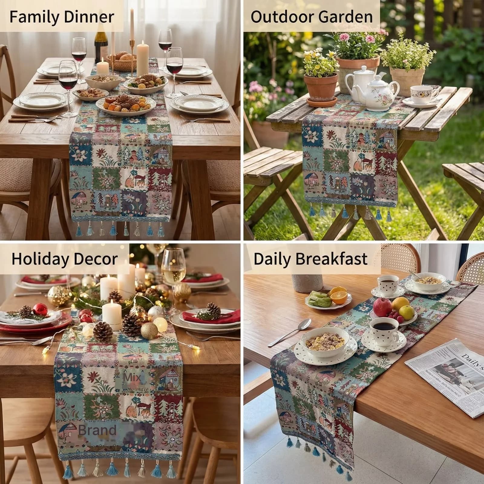 Chemin de table style campagne française, mélange coton-lin, motif floral