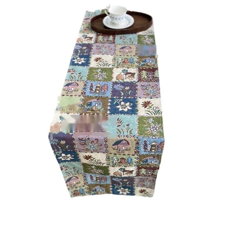 Chemin de table rustique en mélange coton et lin, décor floral et papillon