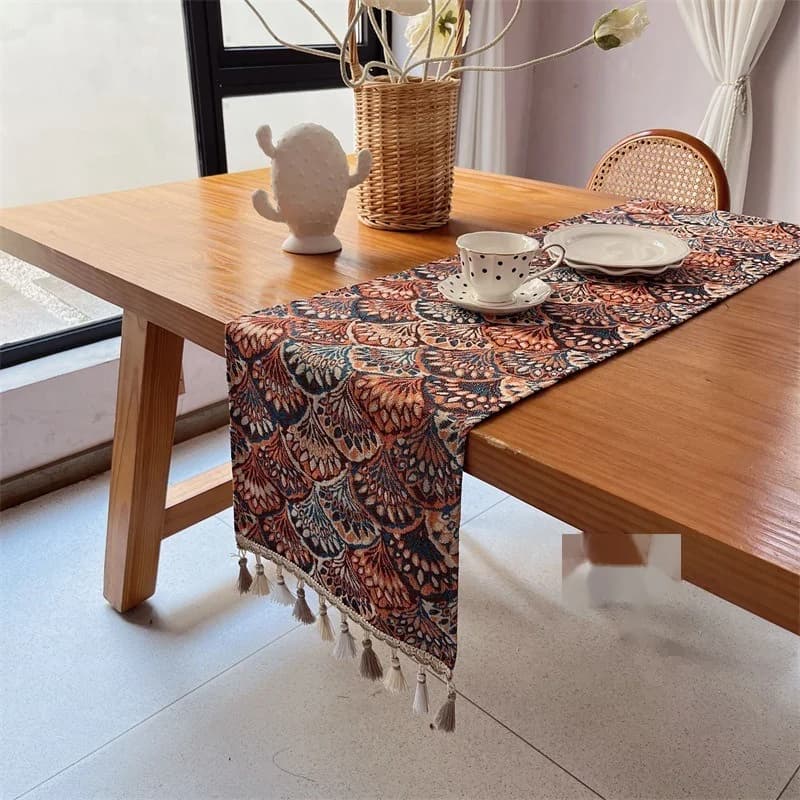 Chemin de table style américain en coton avec franges