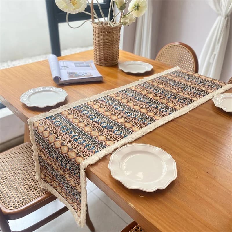 Chemin de table bohème, mélange coton, motif géométrique abstrait
