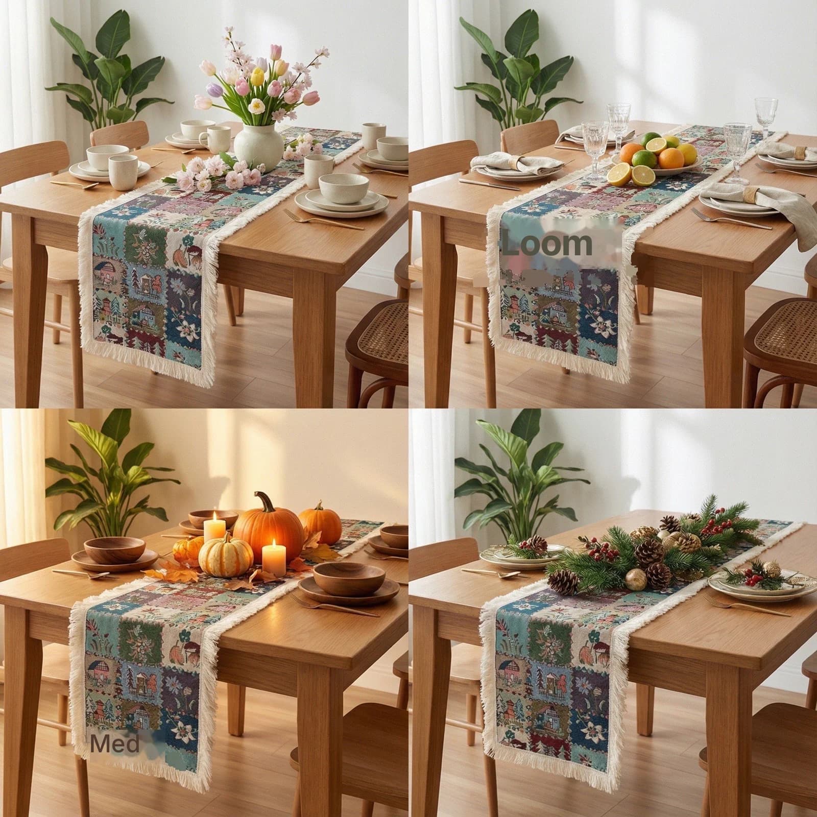 Chemin de table style campagnard américain, imprimé floral et végétal, mélange coton