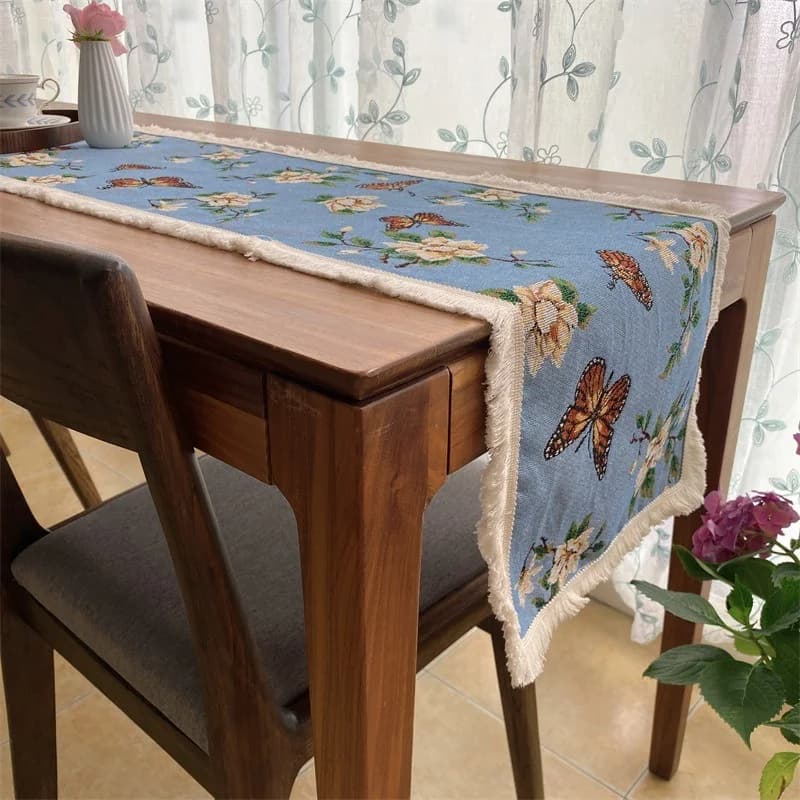 Chemin de table en coton et lin floral pour décoration de salle à manger