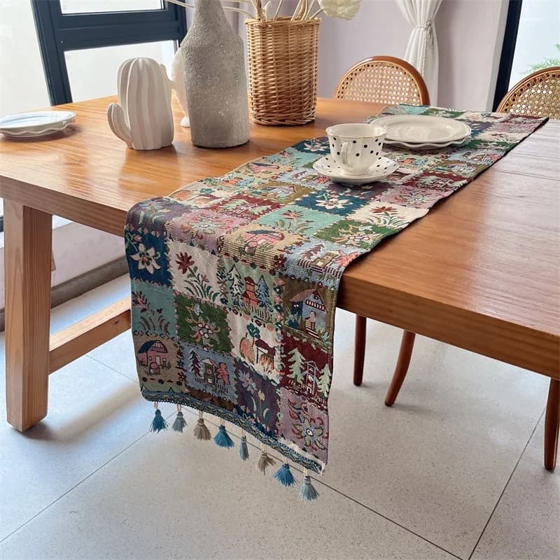 Chemin de table en coton imprimé papillons et fleurs