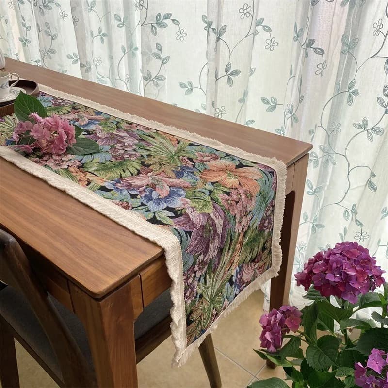Chemin de table style campagnard américain, imprimé floral et végétal, mélange coton