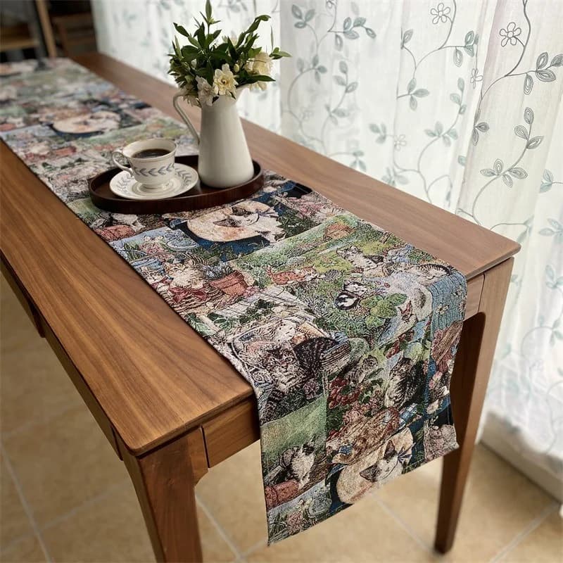 Chemin de table coton lin imprimé chat fleuri
