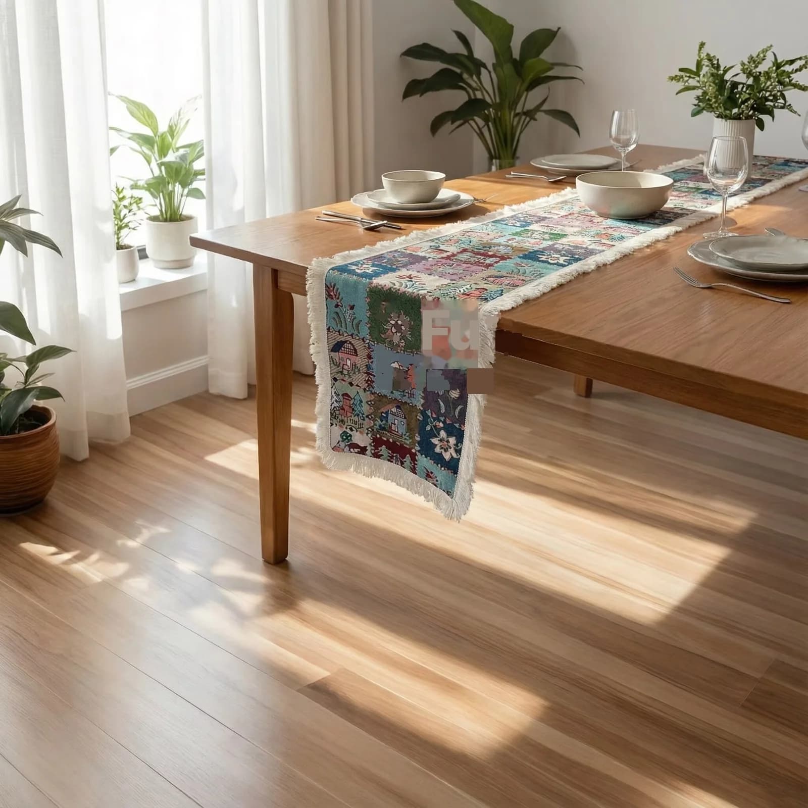 Chemin de table style campagnard américain, imprimé floral et végétal, mélange coton