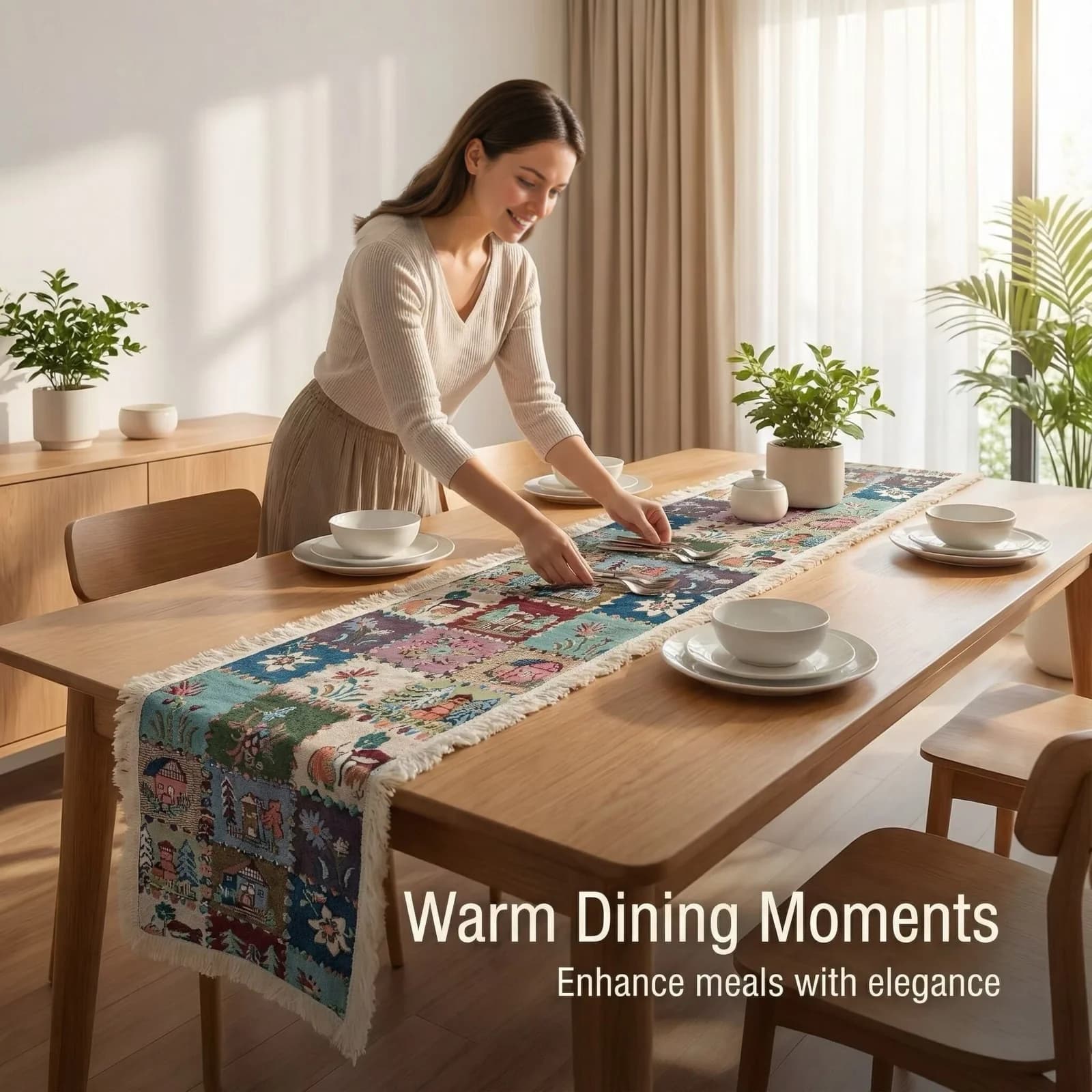 Chemin de table style campagnard américain, imprimé floral et végétal, mélange coton