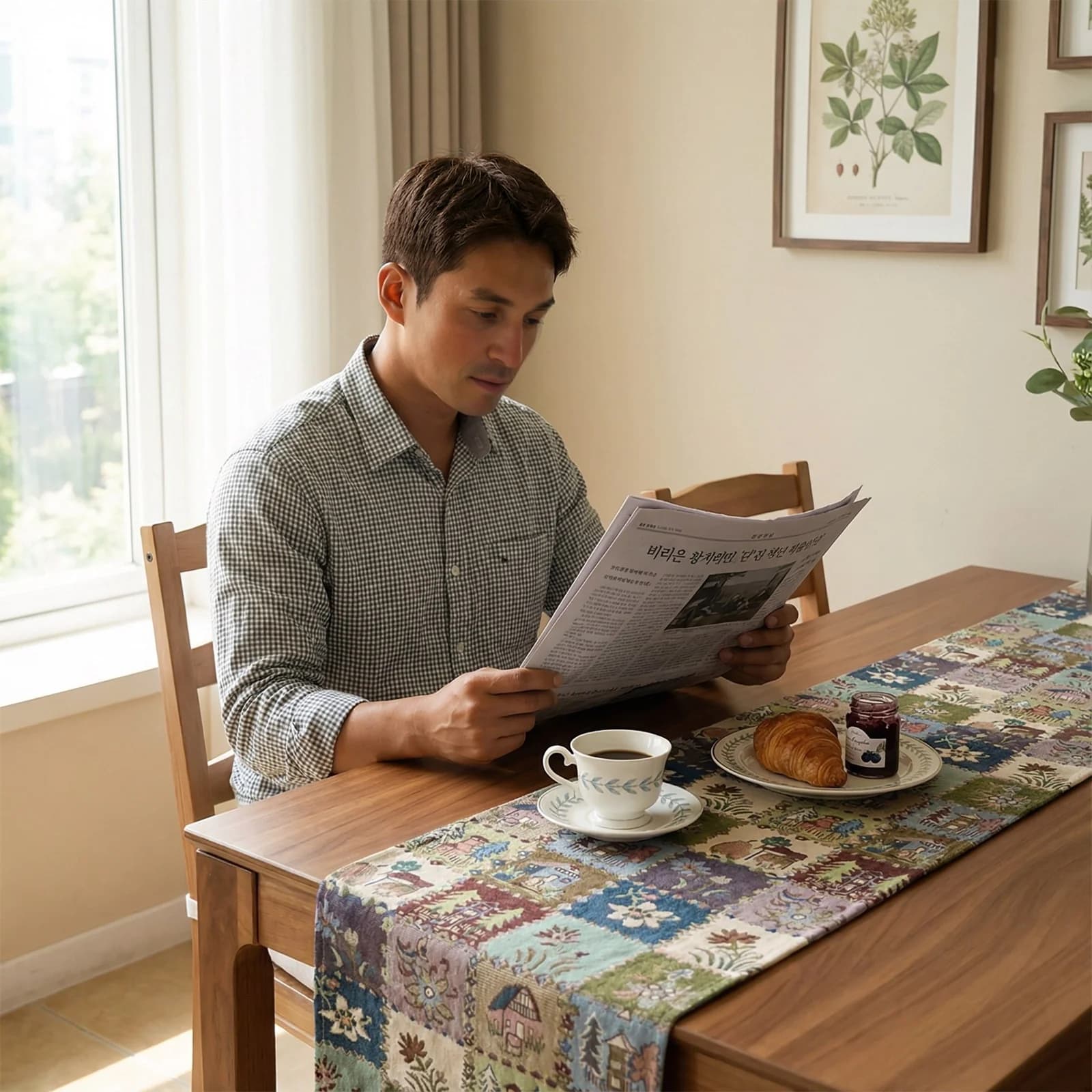 Chemin de table style campagne française, mélange coton-lin, motif floral