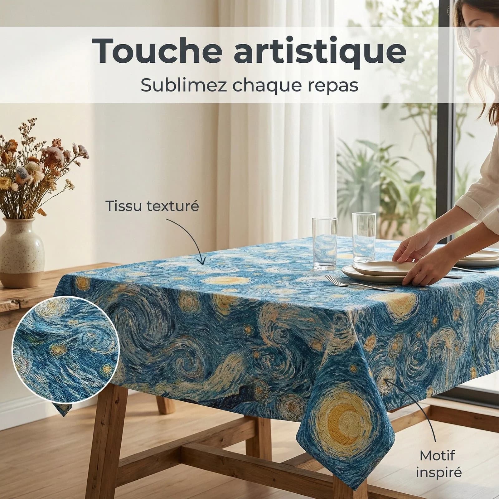 Chemin de table et nappe décor jacquard Nuit étoilée