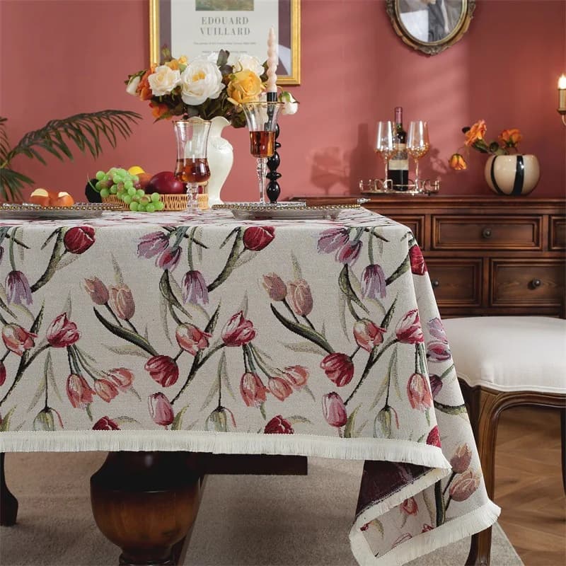 Chemin de table et nappe style italien tulipes avec franges