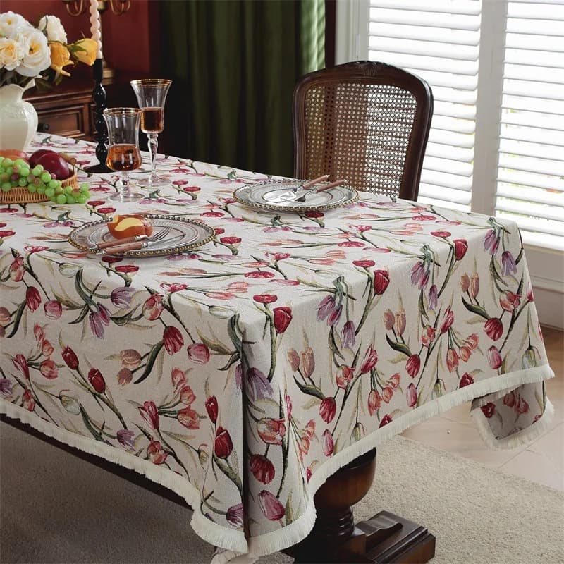 Chemin de table et nappe style italien tulipes avec franges