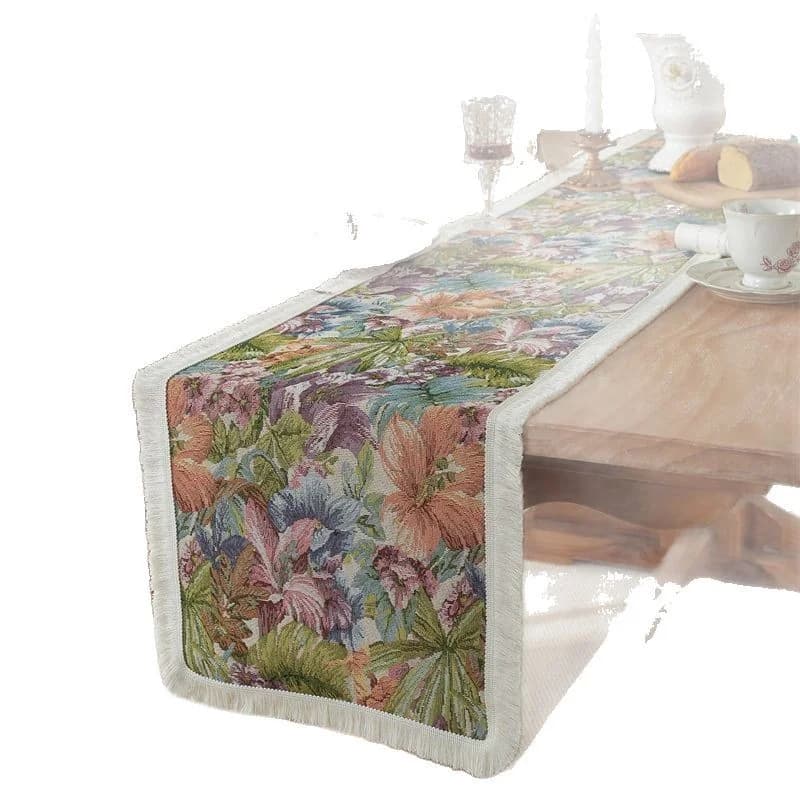 Chemin de table style campagne américaine coton lin motif floral