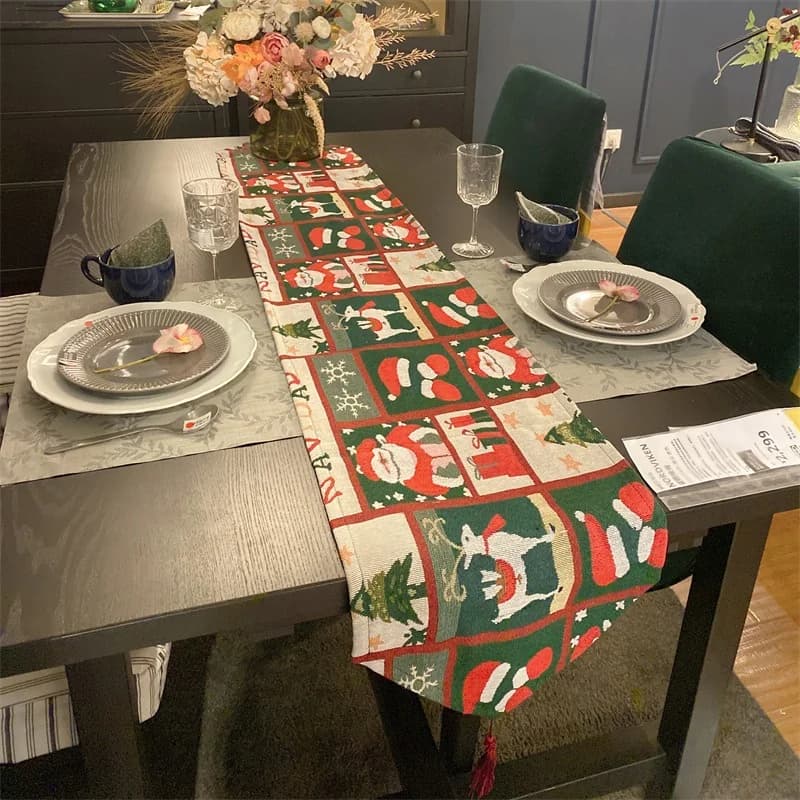 Chemin de Table de Noël avec Franges, Style Nordique Mélange Polyester Coton