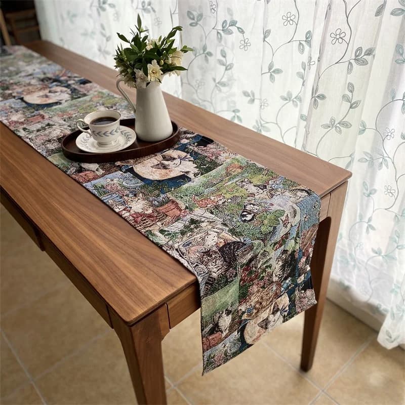 Chemin de table coton lin imprimé chat fleuri