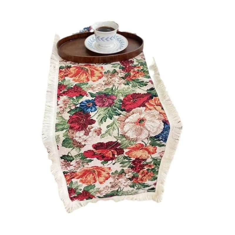 Chemin de table en mélange coton-lin motif floral