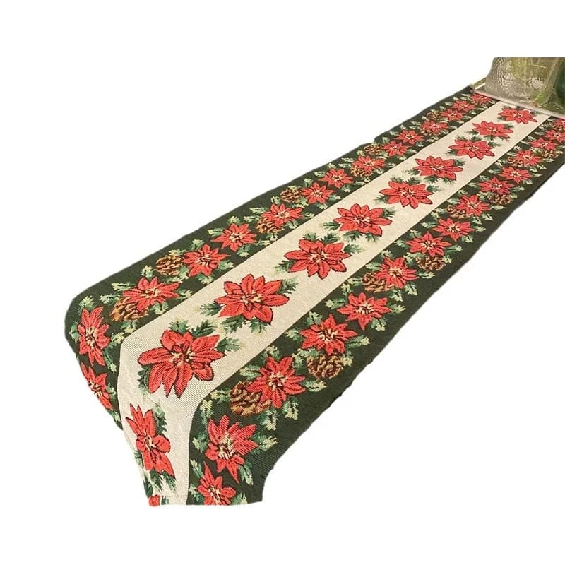 Chemin de table Noël jacquard fleurs rouges renne cadeau