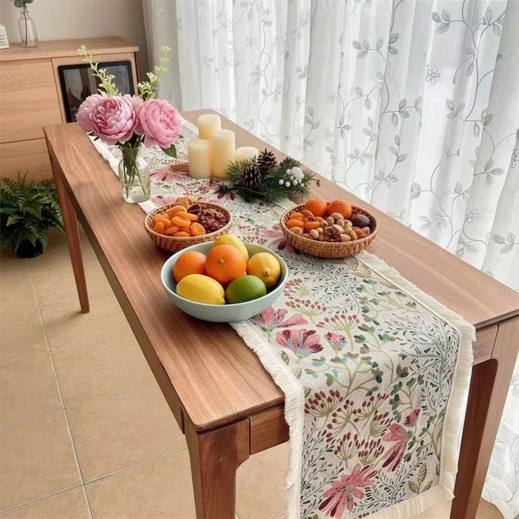 Chemin de table jacquard en mélange coton motif floral pour décoration de salle à manger