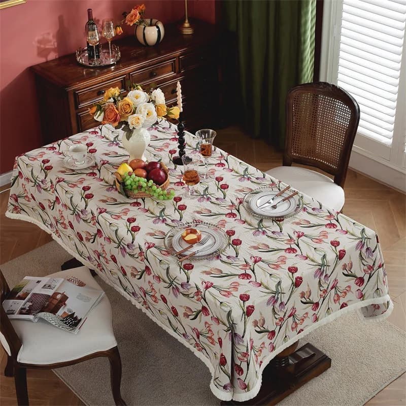 Chemin de table et nappe style italien tulipes avec franges