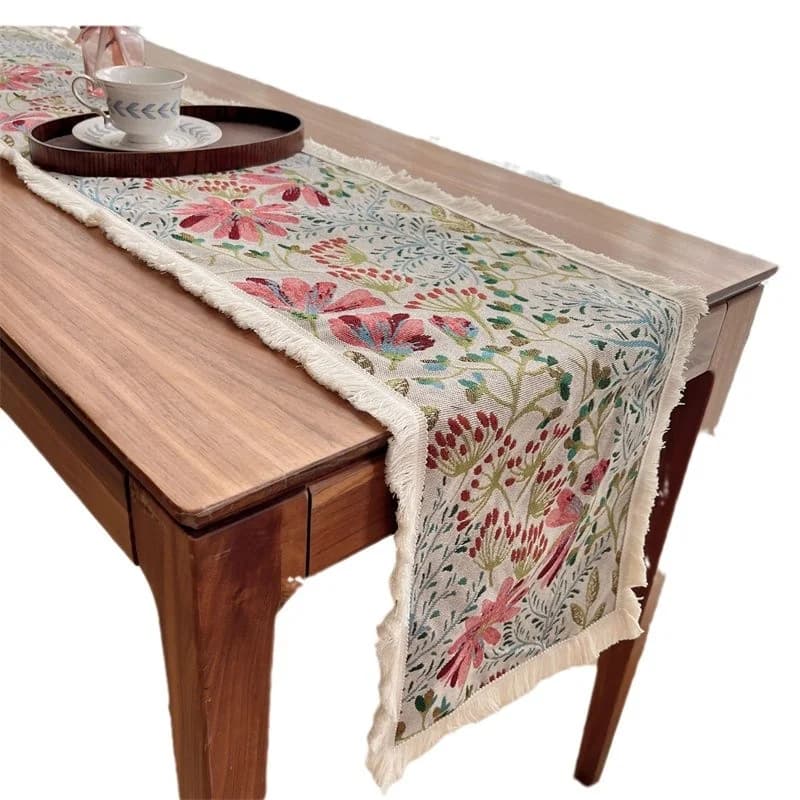 Chemin de table style nordique en coton mélangé à motif floral
