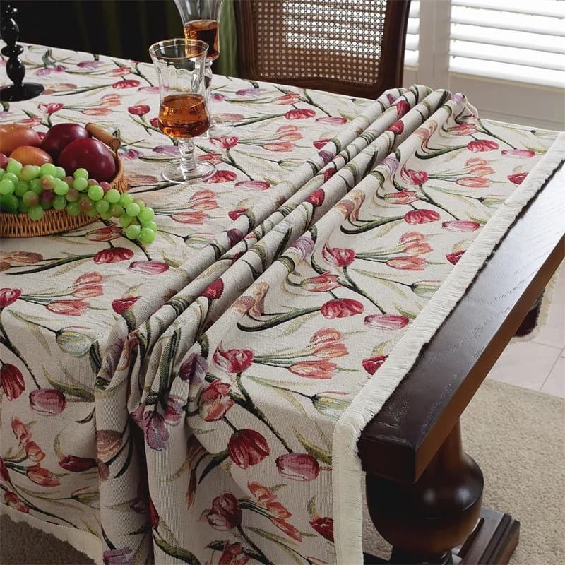 Chemin de table et nappe style italien tulipes avec franges