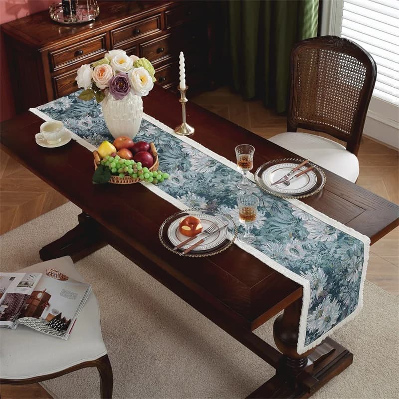 Chemin de table style peinture à l'huile en mélange coton-lin pour la décoration de salle à manger